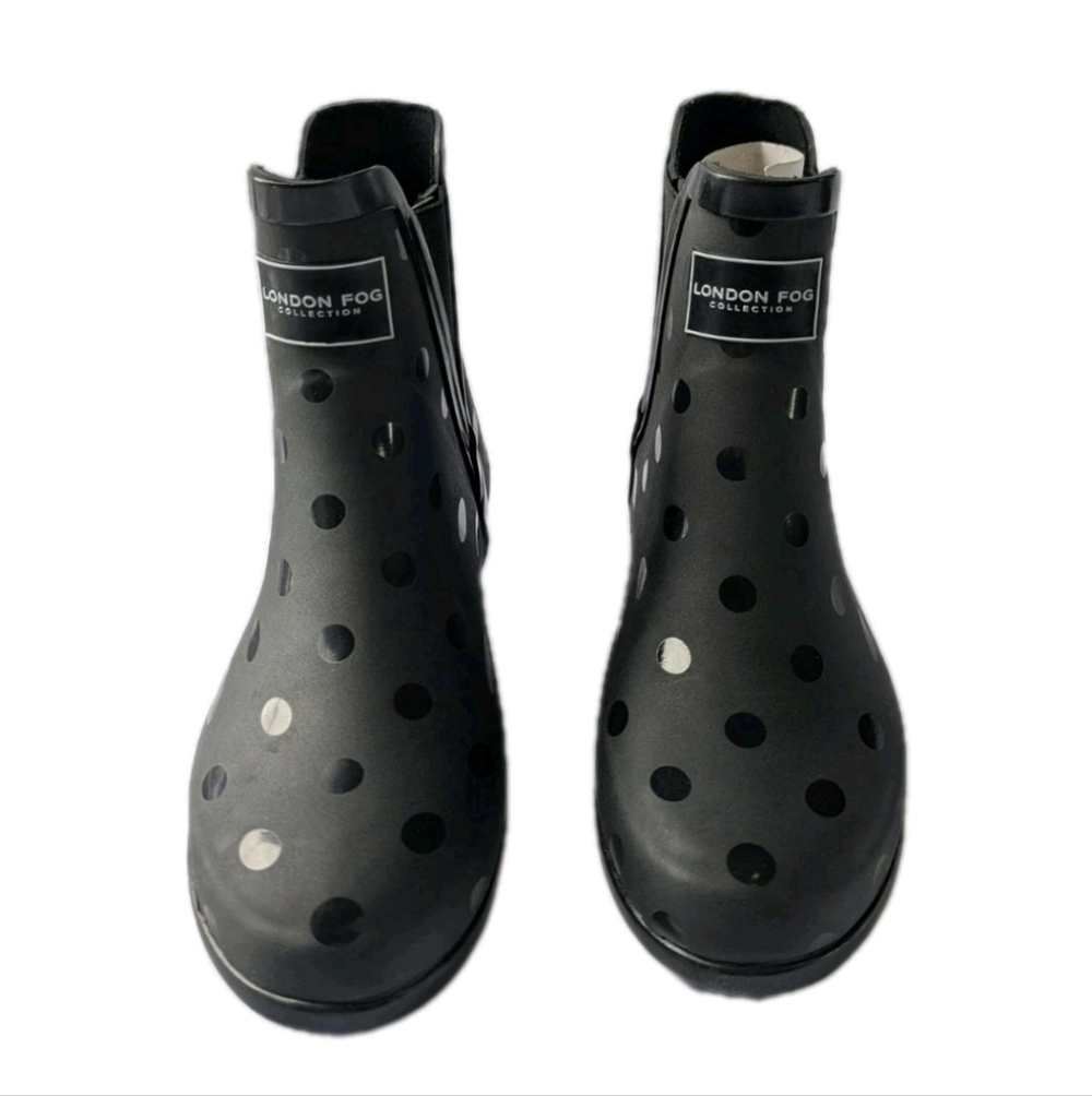 London Fog Picadilly Rain Boot Black Polka Dot Women's 9M